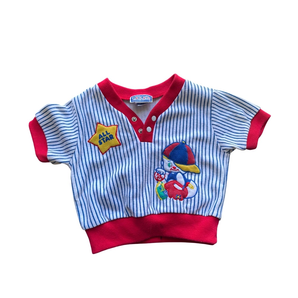Vintage Doe-Spun Kids Baseball Henley Shirt Blue Red Striped All Star 18 Months